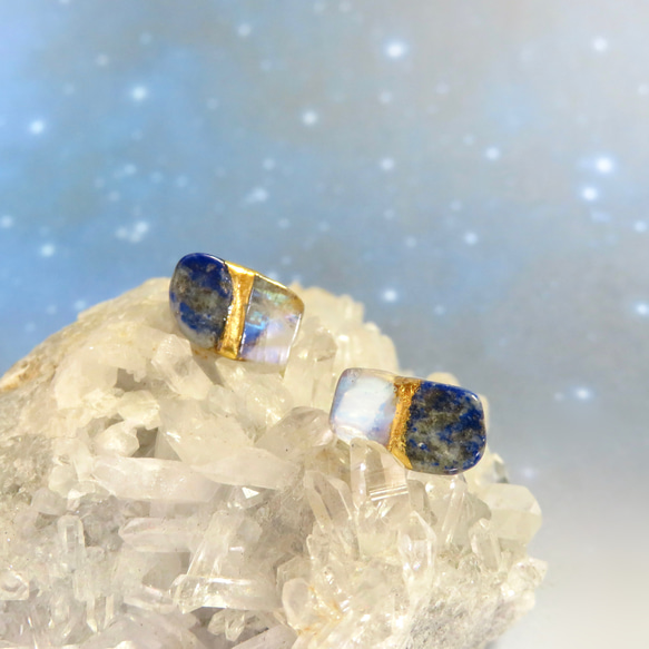 月灯りの夜＊Moon stone×Lapis Lazuli＊金継ぎピアス／M size 5枚目の画像