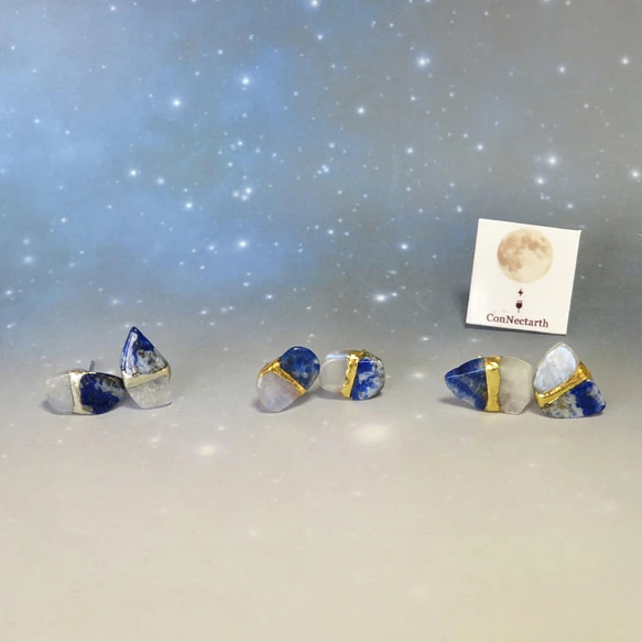 月灯りの夜＊Moon stone×Lapis Lazuli＊金継ぎピアス／M size 17枚目の画像