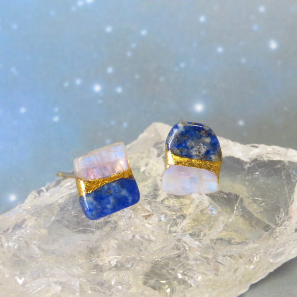 月灯りの夜＊Moon stone×Lapis Lazuli＊金継ぎピアス／S size 3枚目の画像