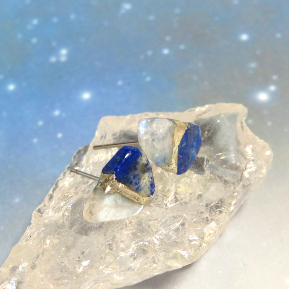 月灯りの夜＊Moon stone×Lapis Lazuli＊銀継ぎピアス／M size 2枚目の画像