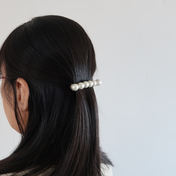 ヘアアクセサリー  バレッタ シルバー シンプル コットンパール 送料無料 上品 結婚式 クリスマス お呼ばれ 再販 14枚目の画像
