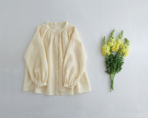 OLD ENGLAND PARIS 麻リネン100%ピンタックギャザーブラウス Cotton Linen Double Stripe ガゼット付ブラウス(37616011-2025