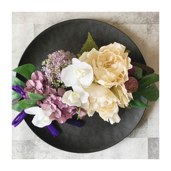 Creema限定！超早割価格　敬老の日　和風アレンジメント　シャクヤクとあじさい　造花　アーティシャルフラワー　 2枚目の画像