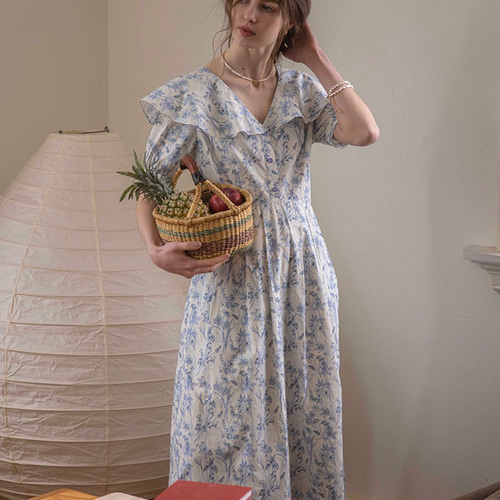 2色【コットン100%】レトロな花柄 フリルカラーのワンピース ウエスト