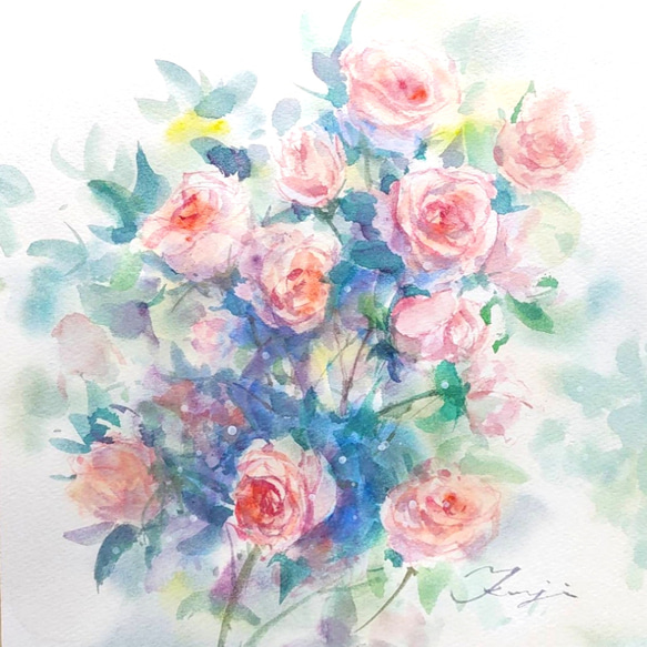 花の水彩画(ローズガーデンベース)／額付き原画 絵画 サクラビト