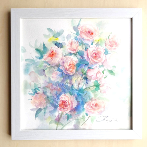 花の水彩画(ローズガーデンベース)/額付き原画 絵画 サクラビト 花の水彩画(ローズガーデンベース)/額付き原画 絵画 サクラビト