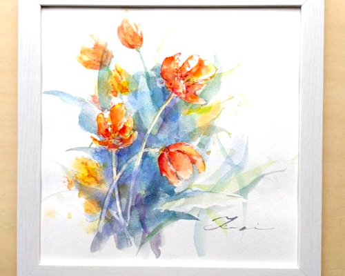 花の水彩画(チューリップベース)／額付き原画 絵画 サクラビト