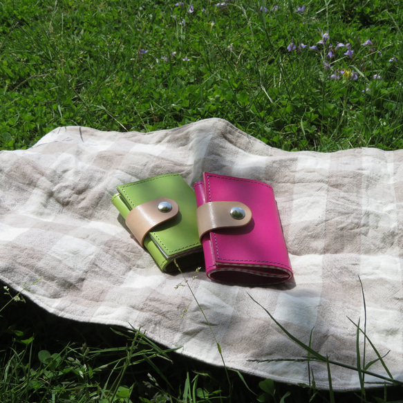 小さく持てるお札＋カード入れ、ミニ財布（黄緑、染料染め）植物タンニンなめし革製 9枚目の画像
