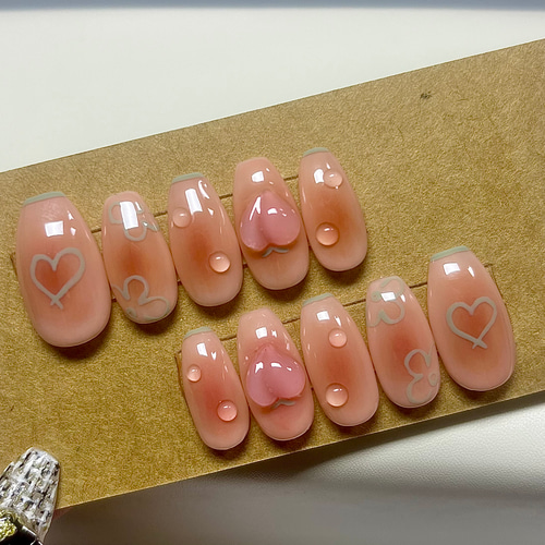 ニュアンスネイル 桃 マーブル ぷっくり 春 ネイルチップ ハンドメイド