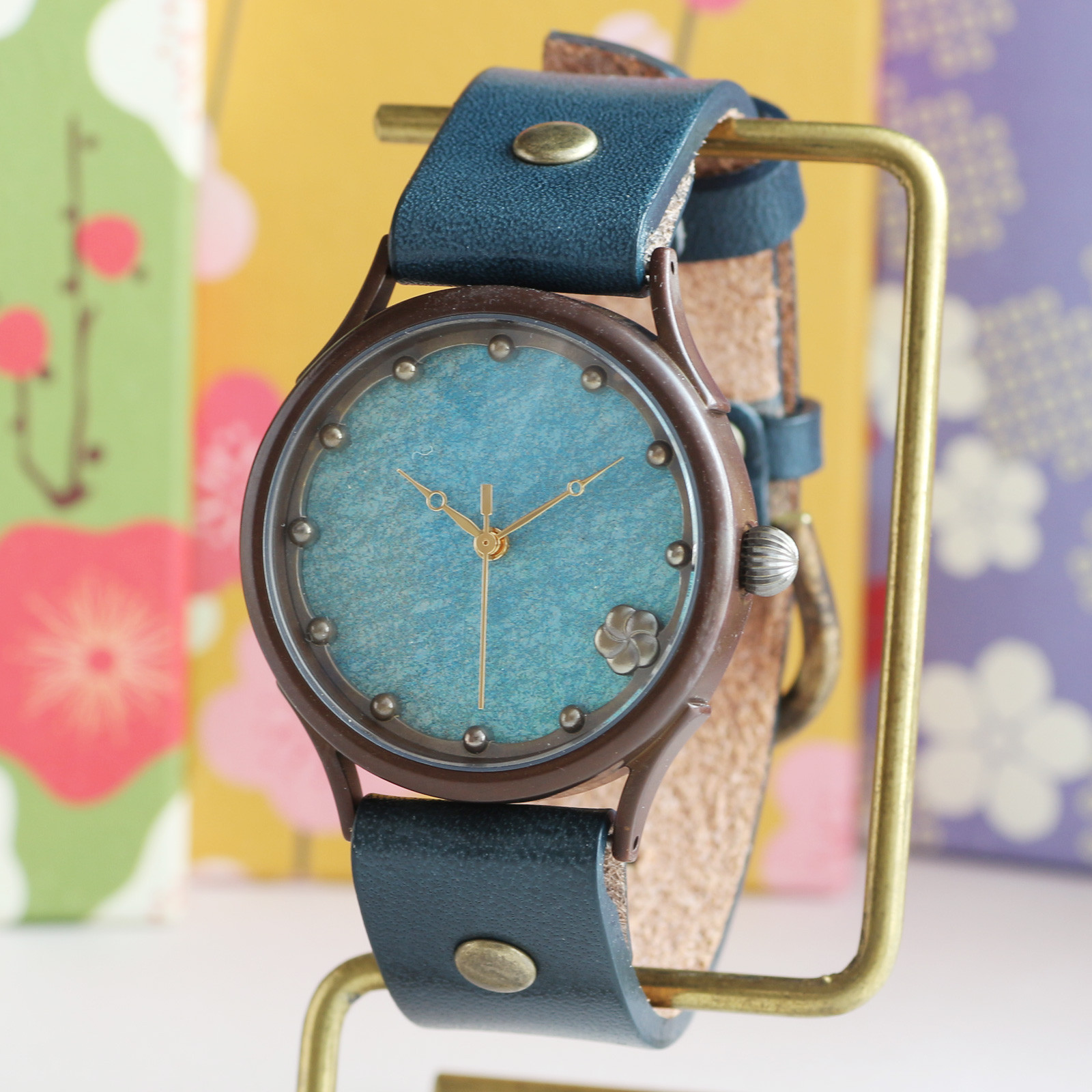 工芸品　西陣切り紙で作るハンドメイドウォッチ　文字盤 : 浅葱(あさぎ)　選べる文字盤サイズ　WJ009−浅葱