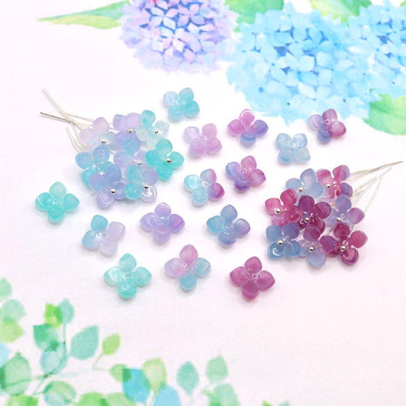 オリジナル★ 変色するお花のアセテートパーツ　紫陽花　クローバー　ミント×パープル→グレーブルー×ラズベリー 20枚目の画像