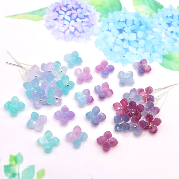 オリジナル★ 変色するお花のアセテートパーツ　紫陽花　クローバー　ミント×パープル→グレーブルー×ラズベリー 17枚目の画像