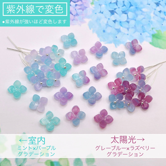 オリジナル★ 変色するお花のアセテートパーツ　紫陽花　クローバー　ミント×パープル→グレーブルー×ラズベリー 1枚目の画像