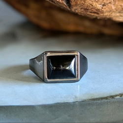 獨特的灰色金屬長方形印章戒指，鑲有天然黑瑪瑙。 第3張的照片