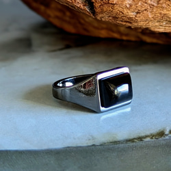 獨特的灰色金屬長方形印章戒指，鑲有天然黑瑪瑙。 第7張的照片