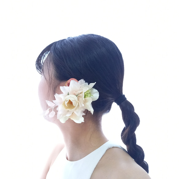 〈花を纏う〉シャーベットカラーのダリア　イヤーフック　ブライダル　ウェディング　浴衣　和装　イヤリングの代わりにも 4枚目の画像