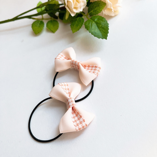 再販7】春の通園に☆チェックセンターサーモンピンク キッズリボン