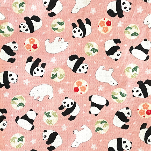 パンダと白クマ巾着袋　25×20 ループ、撥水加工裏付き　　ピンク 3枚目の画像