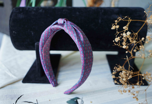古董領帶改製手工髮箍-Hermès酸甜莓果紅-蝴蝶結版 第6張的照片