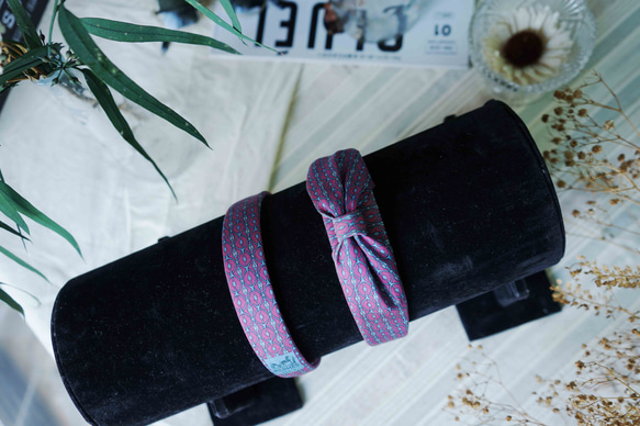 古董領帶改製手工髮箍-Hermès酸甜莓果紅-蝴蝶結版 第4張的照片
