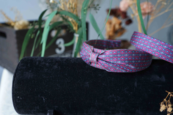 古董領帶改製手工髮箍-Hermès酸甜莓果紅-蝴蝶結版 第5張的照片