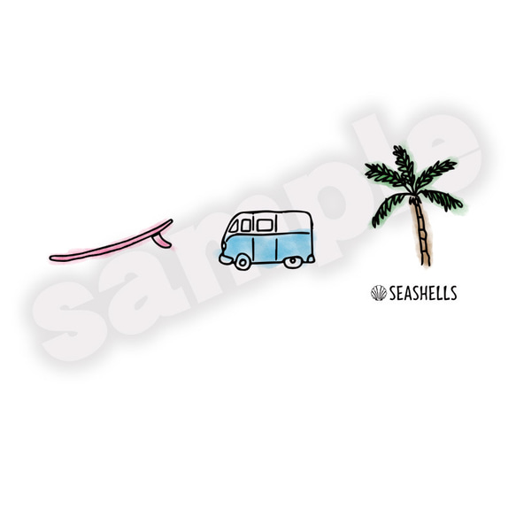 ワーゲンバス＆サーフボード＆ヤシの木のイラストTシャツ 半袖カットソー ハワイアンデザイン 水彩調 サーフスタイル 3枚目の画像