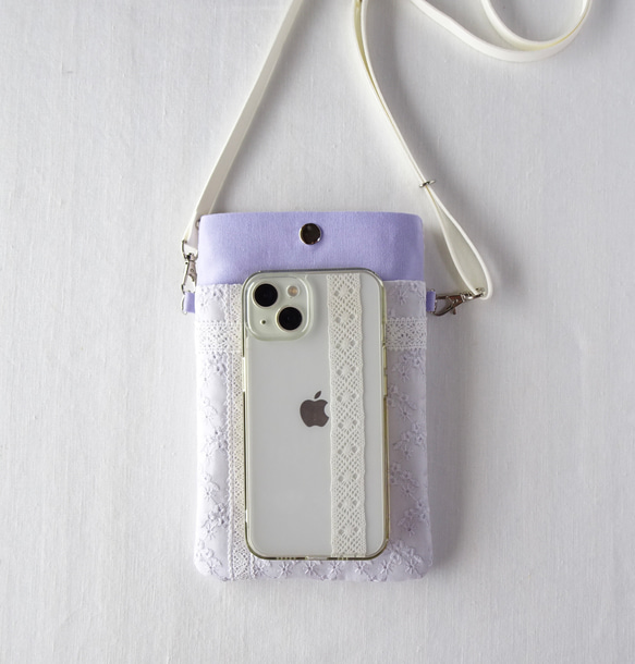 刺繍×レースのスマホショルダー　ラベンダー スマホポーチ　ポシェット　母の日　ギフト 7枚目の画像