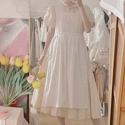 ホワイト 綿 フレンチスタイル ワンピース レディースエプロン