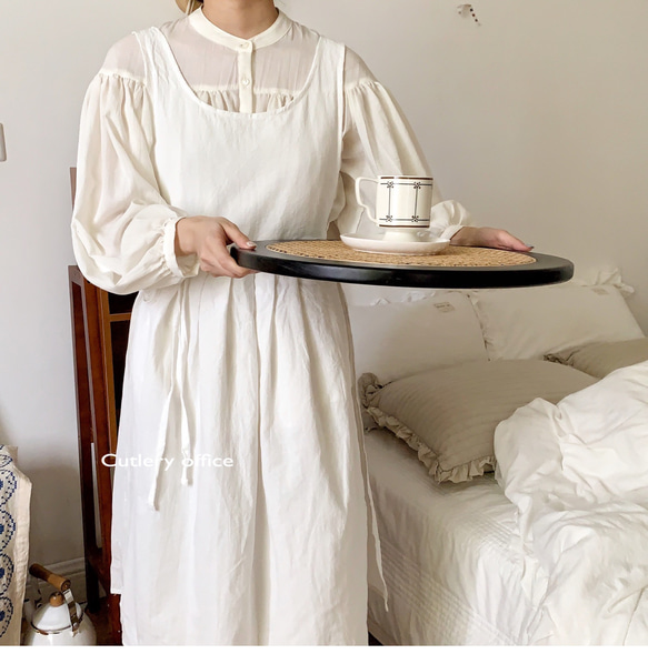 ホワイト 綿 フレンチスタイル ワンピース レディースエプロン