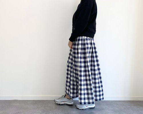 gauze♯ ギンガムチェックスカート　白✖️紺 ギンガムチェックダブルガーゼスカート ネイビー ロングスカート