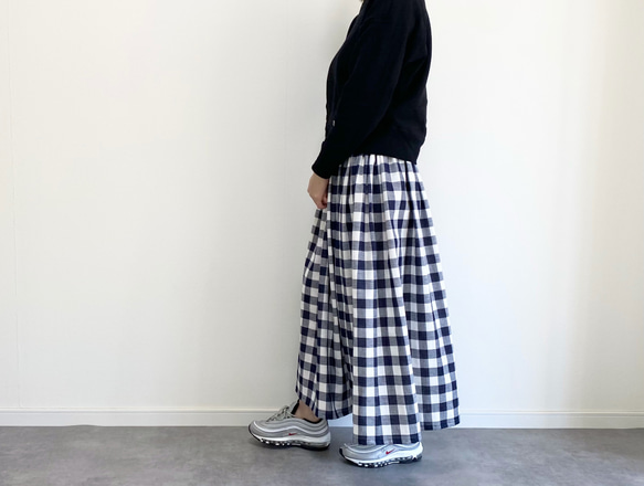gauze♯ ギンガムチェックスカート　白✖️紺 ギンガムチェックダブルガーゼスカート ネイビー ロングスカート
