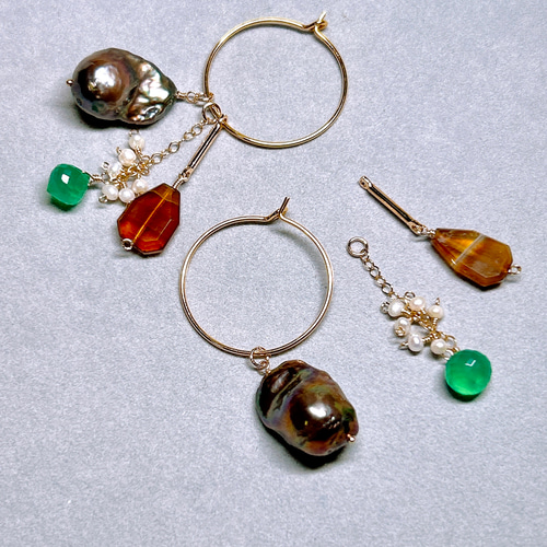 一点物14kgf☆ピーコックカラー黒真珠バロックパールとチャームセット  