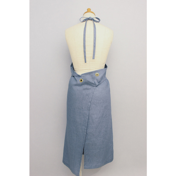 上質リネンエプロン【Eyelet switching apron】Grayish blue 6枚目の画像