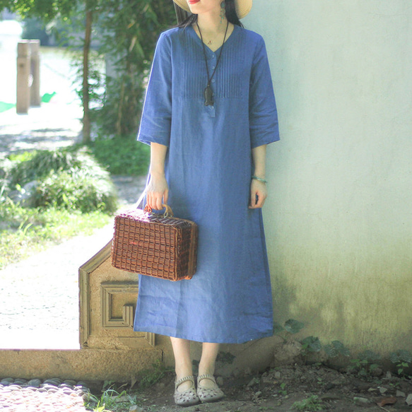 藍染 リネン ワンピース 大人用 麻 ゆったり ワンピース 自然素材  
