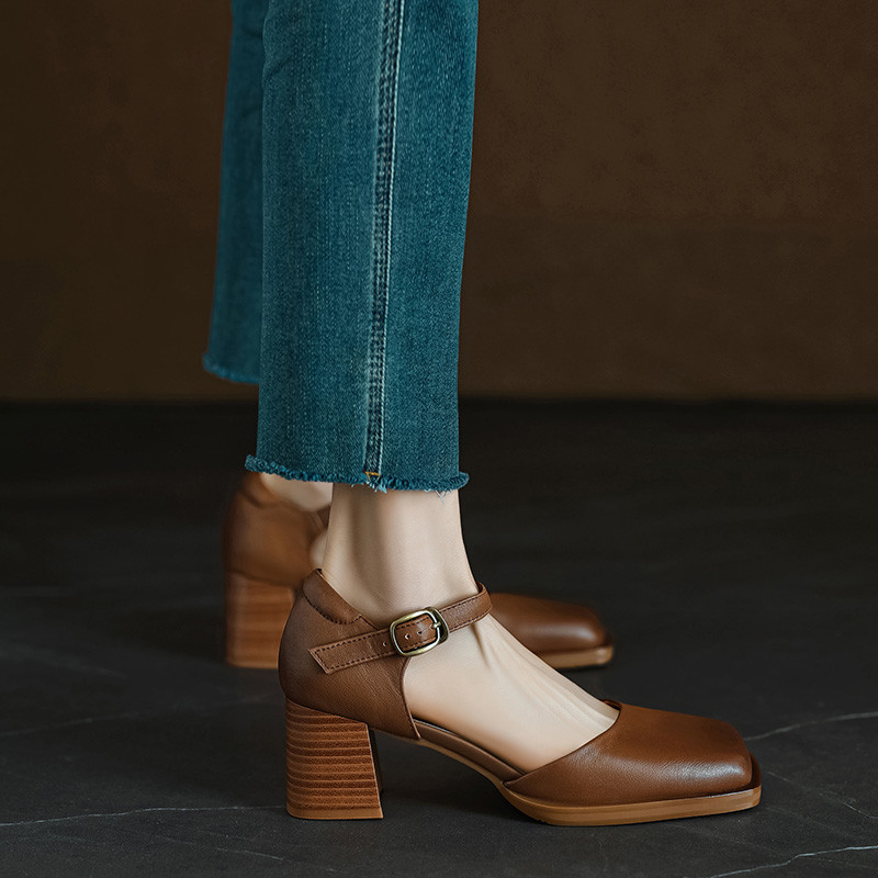 北欧風 サンダル ヒール パンプス アンクルストラップパンプス スクエアトゥ レディース靴 靴レディース 本革 婦人靴