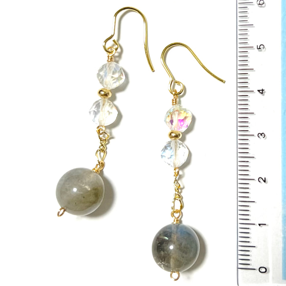 天然石ピアス　ラブラドライト×ルナフラッシュ　14kgf　pierced earrings 2枚目の画像