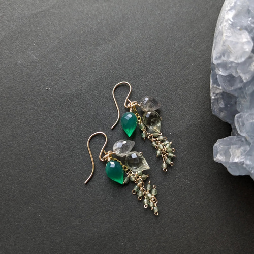 14kgfつぼみビアクォーツ、大粒グリーンアメジストピアス/イヤリング