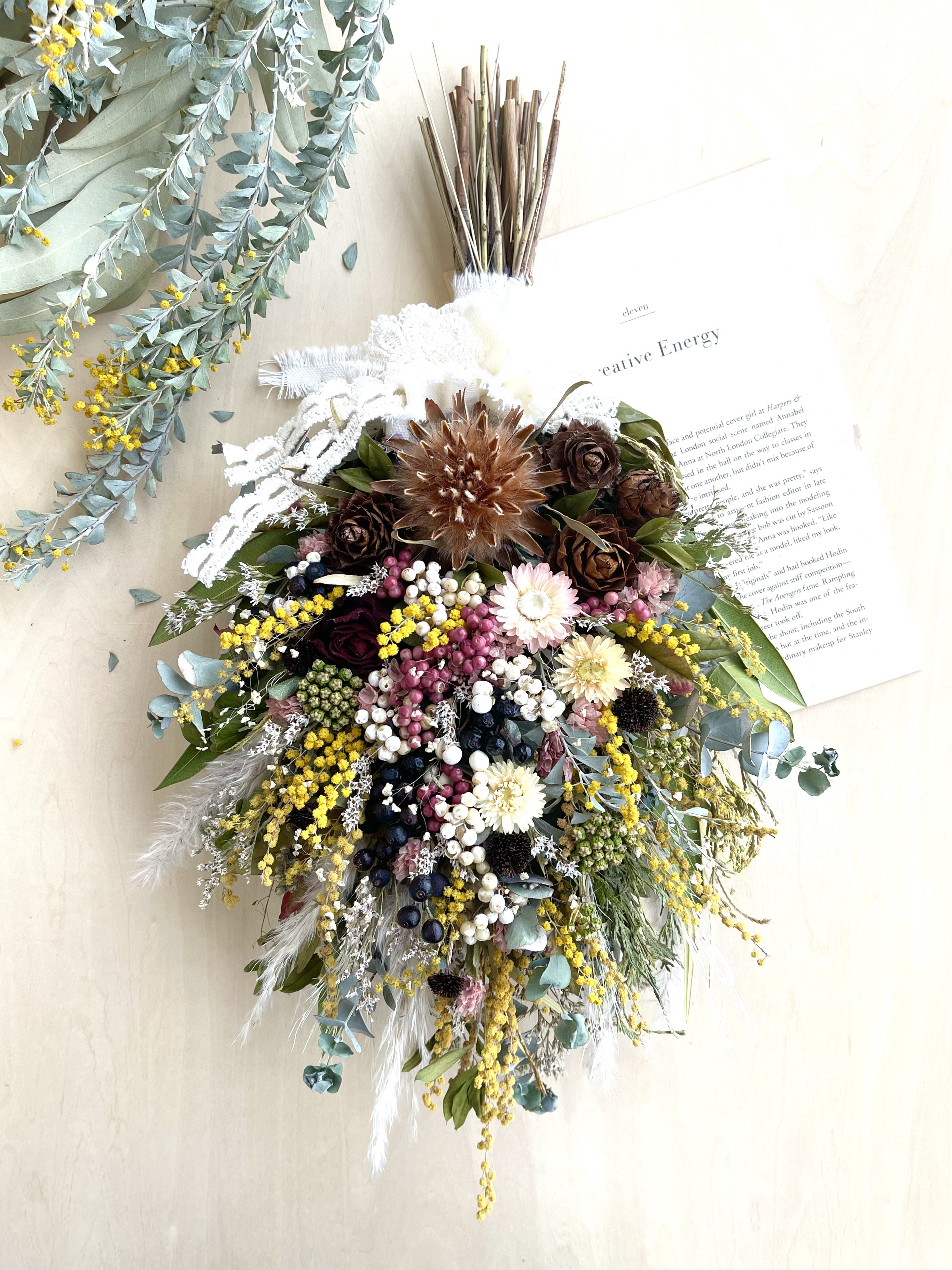 再販、受注制作、ミモザとリューカデンドロプルモサ厶&貝殻草&実ものなどのスワッグ【Big】