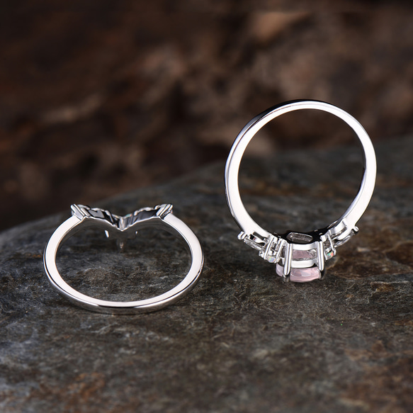 ユニークな天然ローズクォーツ婚約指輪セット10月誕生石オパールリング925スターリングシルバーピンクジェムストーンリング 4枚目の画像