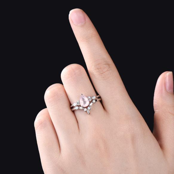 ユニークな天然ローズクォーツ婚約指輪セット10月誕生石オパールリング925スターリングシルバーピンクジェムストーンリング 5枚目の画像