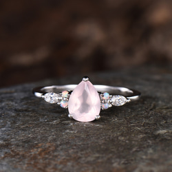 ユニークな天然ローズクォーツ婚約指輪セット10月誕生石オパールリング925スターリングシルバーピンクジェムストーンリング 2枚目の画像