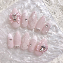 ネイルチップ ピンク リボン ハート ストーン フレンチネイル