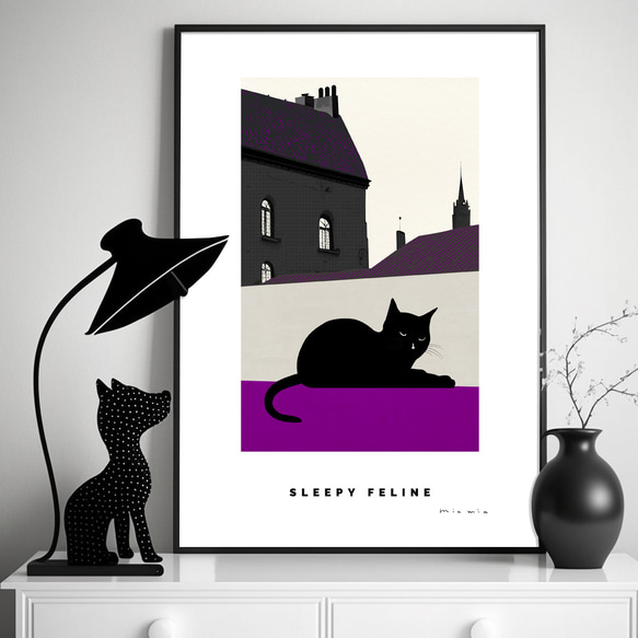 ポスター パリの黒猫 felin No.2（A4,A2,A1,A0 選べる4サイズ）フレームなし モノクローム・紫 3枚目の画像