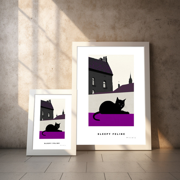 ポスター パリの黒猫 felin No.2（A4,A2,A1,A0 選べる4サイズ）フレームなし モノクローム・紫 2枚目の画像