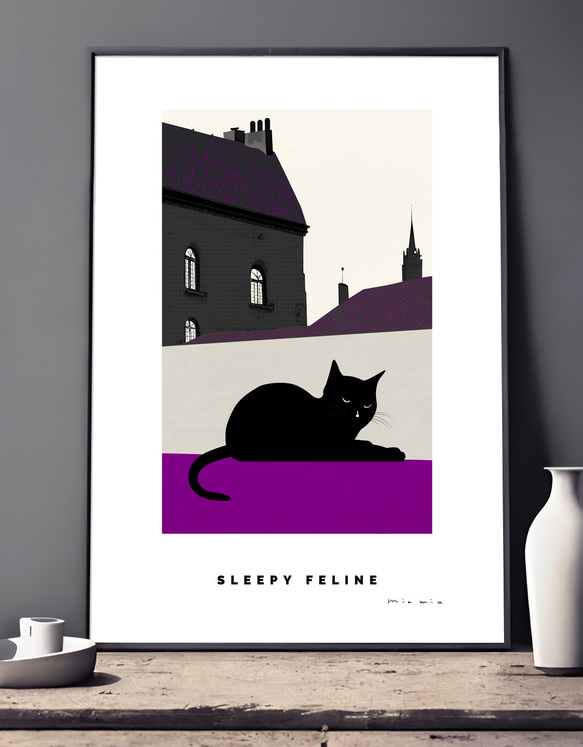 ポスター パリの黒猫 felin No.2（A4,A2,A1,A0 選べる4サイズ）フレームなし モノクローム・紫 1枚目の画像