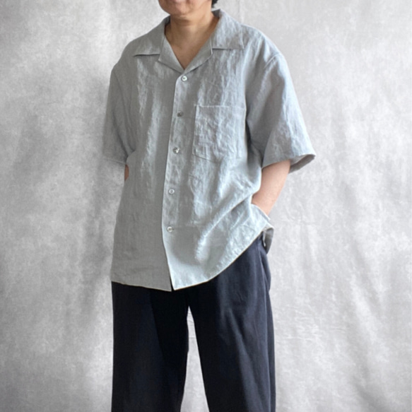 ヴィンテージライク ラミーリネン オープンカラーシャツ ゆったりフリーサイズ 8枚目の画像