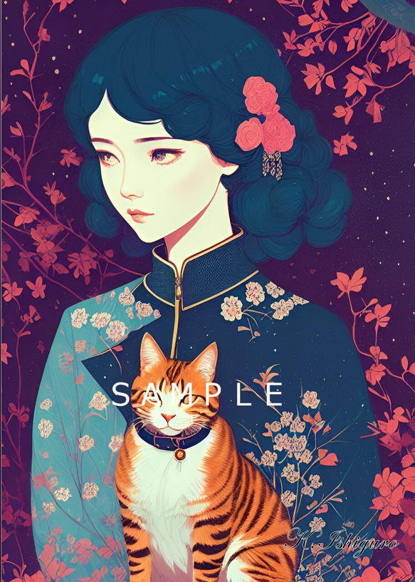 猫と女性(昭和レトロ風イラスト)A4額付き　№s-674 1枚目の画像