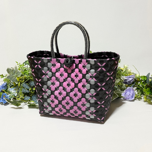 ppバンドの かごバッグ ～Mサイズ～ 雨に強いプラカゴ ピンク 花柄