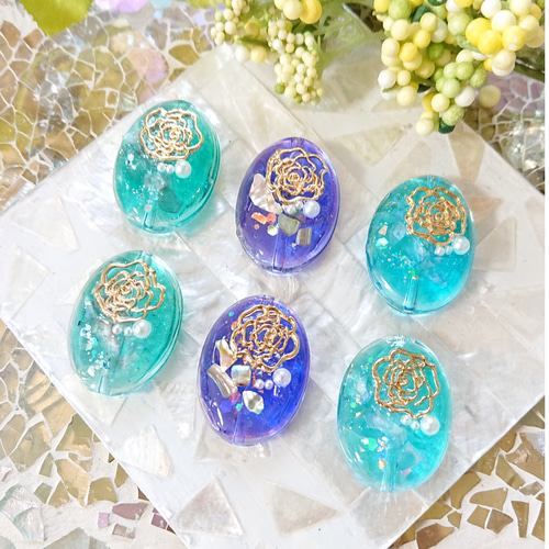 デコビーズ☆6個 j-25 アルコールインク/ビーズ/シェル/ストーン