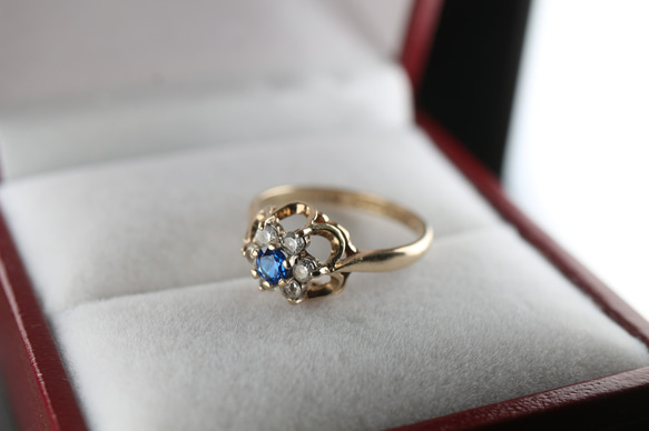 極上 英国 ビンテージ ゴールド リング 指輪 レディース スピネル ブルー 合成 純金率 375 宝石 J70 指輪・リング antique